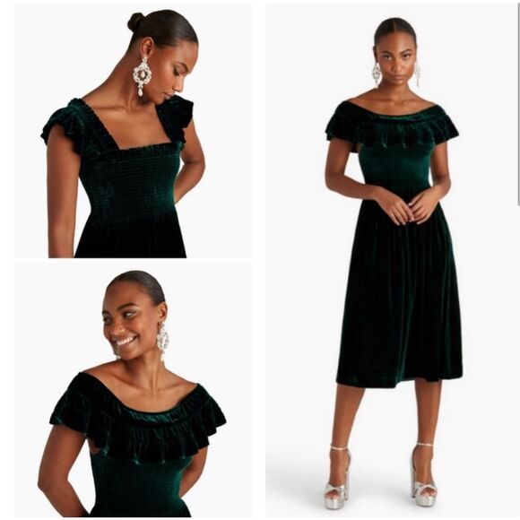 Hill House The Akilah Nap Velvet Off The Shoulder Ruffle Dress Emerald S - Picture 1 of 11
